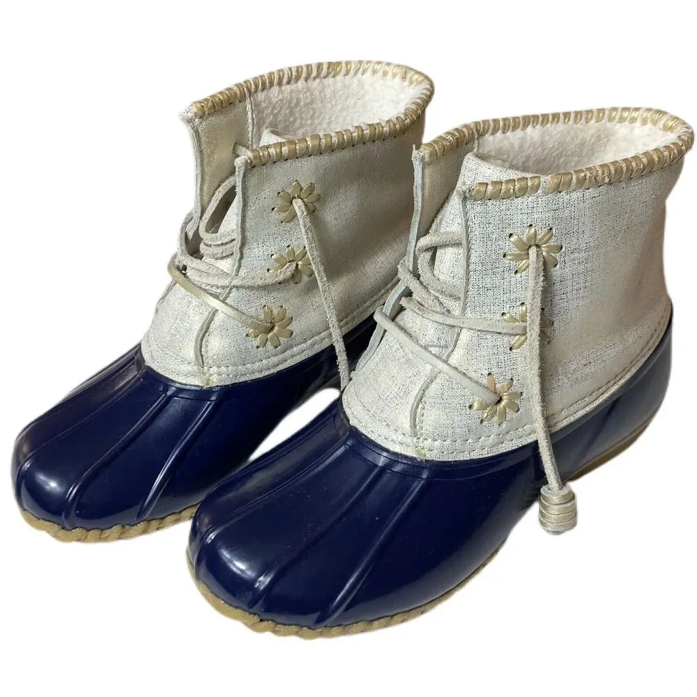 Jack Rogers Chloe Duck Boots Lace Up Women 6 Navy Cream